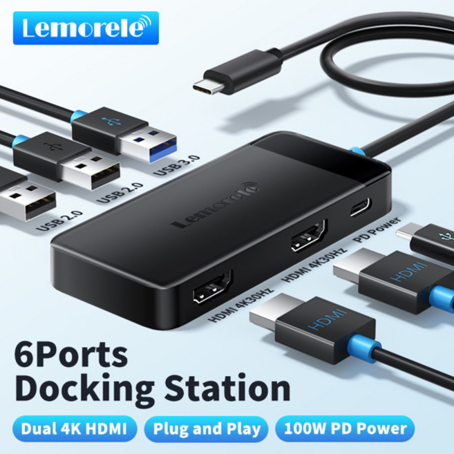 레모렐레 TC122 6-in-1 USB C 허브 4K 도킹 스테이션 듀얼 HDMIDP 4K 맥북 델 HP 100W PD USB 3.0 멀티 모니터 어댑터, [01] 옵션1