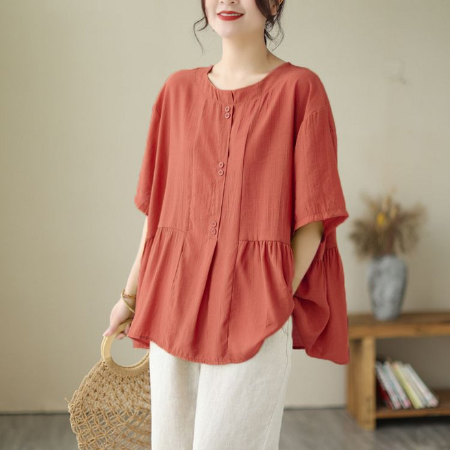 다중성 여성 빅 사이즈 반팔 라운드넥 셔츠 상의