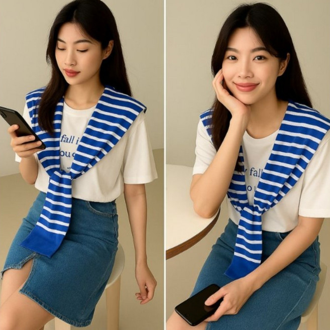위즈플러스샵 스트라이프 어깨숄 레이어드 페이크가디건