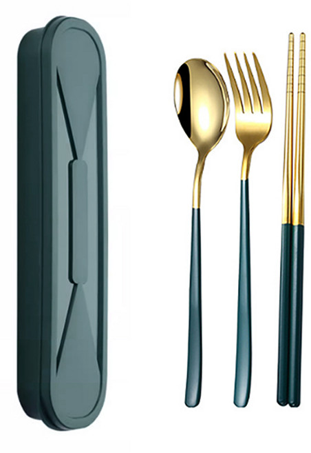 투데이리빙 3종 티타늄 수저 세트 숟가락 젓가락 포크 수저통 스텐 커트러리 디저트 스푼 나이프 도시락 케이스, 1세트, 숟가락+젓가락+포크+수저통, CJS005E(A골드올리브