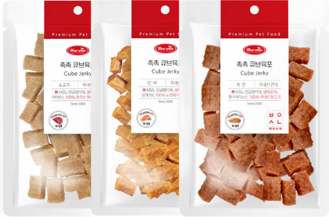 바우와우 스낵 촉촉 큐브 육포 소고기/치킨/연어 300g 혼합 3봉, 3개