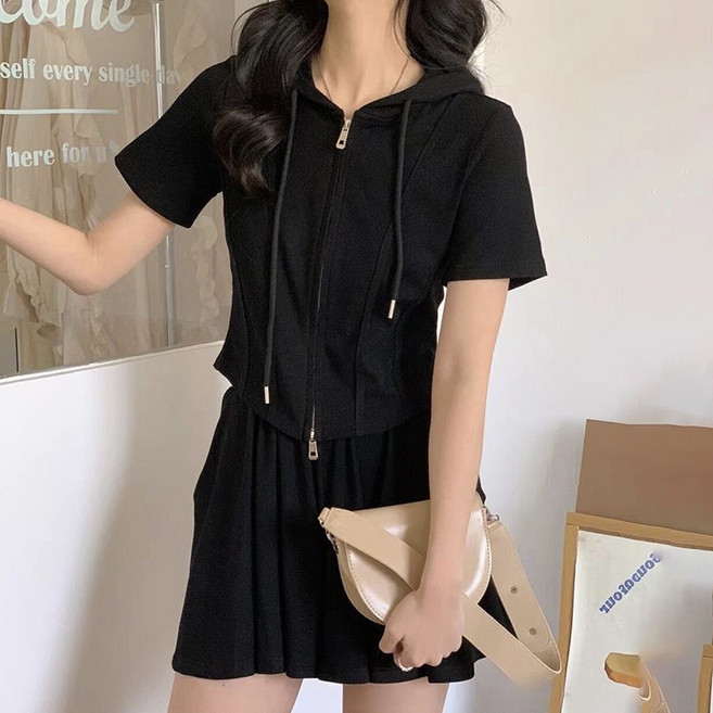 여름 더블 지퍼 후드 반팔 상의+하이웨이스트 슬림핏 스커트 투피스 여성 데일리 캐주얼 슈트