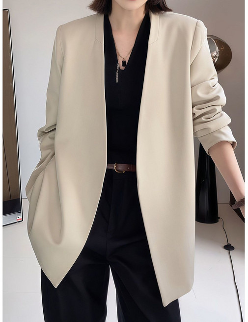 Seofst 빅사이즈 여성 노카라 오버핏 자켓 봄 아우터