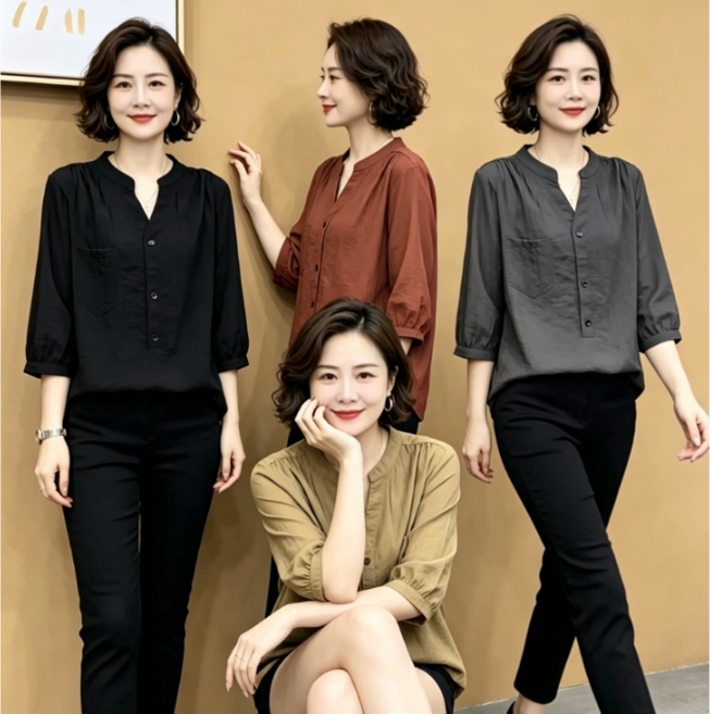 1+1 중년여성 여름 브이넥 단추 5부 소매 셔츠 블라우스 루즈핏 린넨코튼 남방 100kg