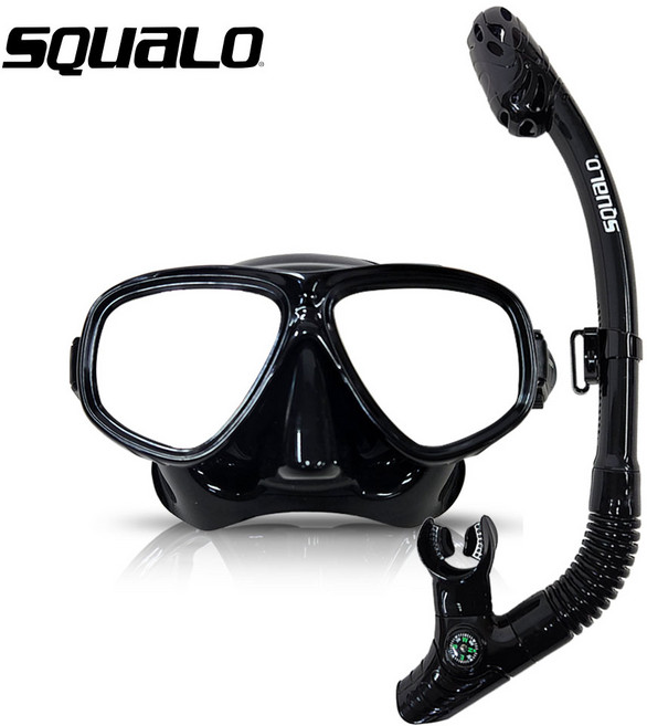 스쿠알로 드라이탑 미러스노클링 SET (드라이탑 스노클/미러마스크) 프리다이빙, 미러블랙