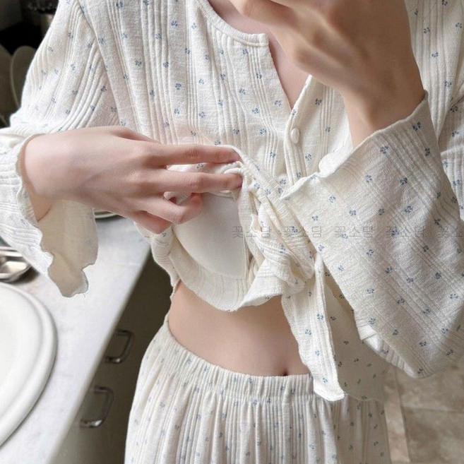 꽃소담 여자 캡내장 소프트 면잠옷 세트 긴팔 슬림핏 코튼 파자마 상하의 홈웨어 HXY26A1056