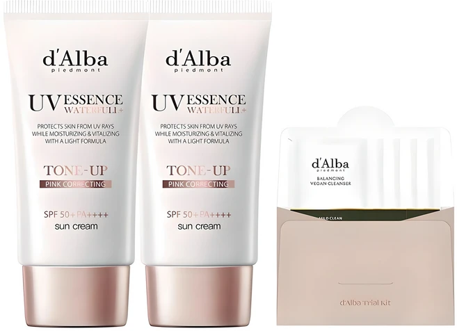 [비건뷰티] 달바 워터풀 톤업 선크림 SPF50+ PA++++ 50ml x 2p + 밸런싱 비건 젤 클렌저 15ml 세트, 1개 - 쿠팡