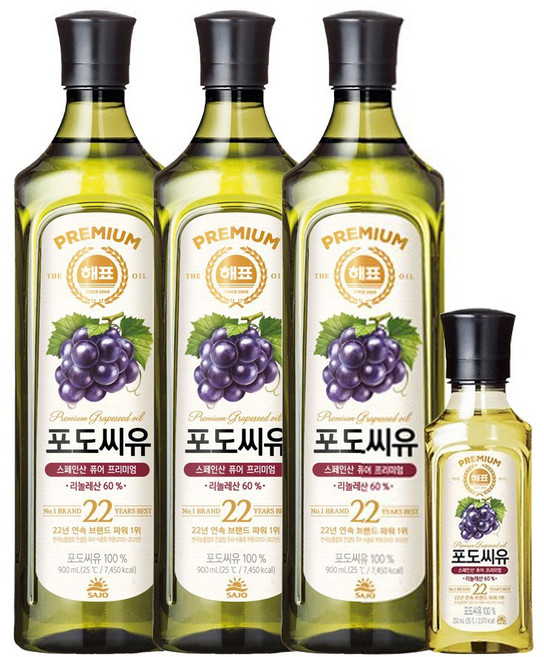 올따옴고급유 해표포도씨유900ml 3입+포도씨유250ml 1입, 1세트