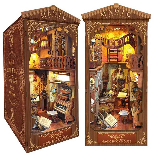 Joincon DIY 북 누크 키트 3D 퍼즐 나무 북엔드 인형의 집 장식 장난감 청소년용 스탠드 모델 성인용 창의성 LED 조명 포함 192408 6872174529