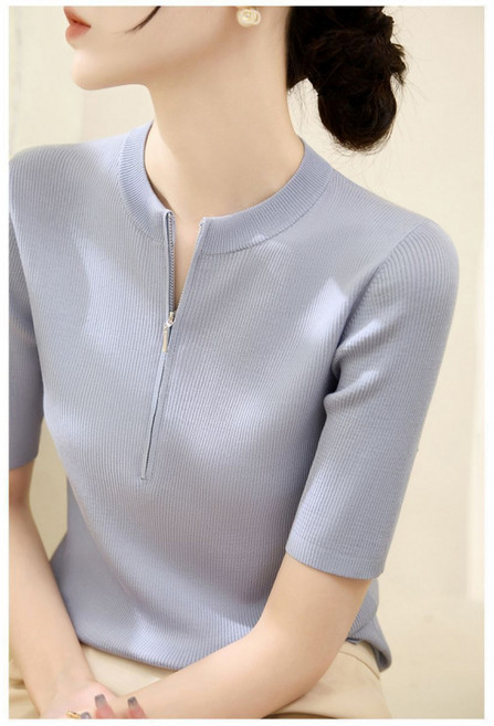 2025년 봄 패션 라이세르 텐셀 반팔 상의 라운드넥 지퍼 반카디건 디자인 니트 여성 의류