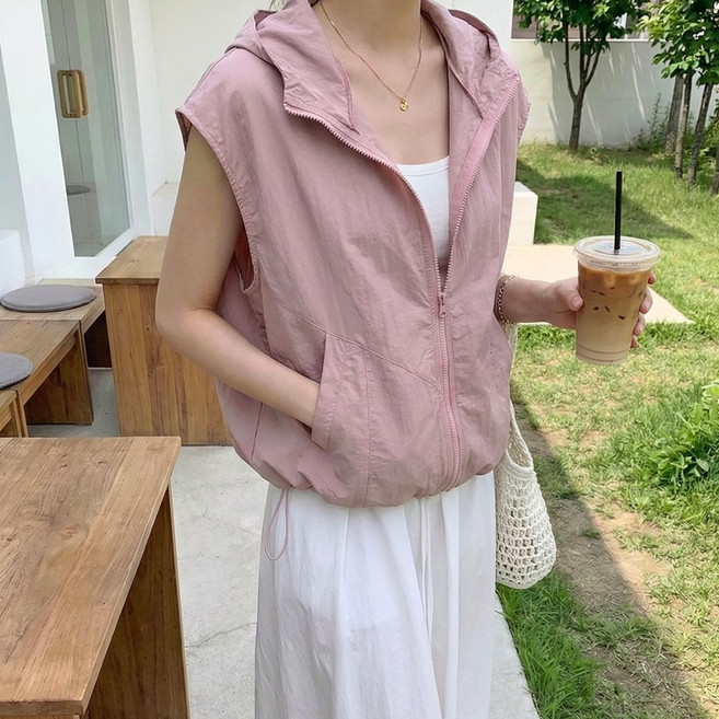 데이리앤 베니 여름 바스락 바람막이 스트링 후드조끼 베스트 여성 루즈핏 아노락조끼