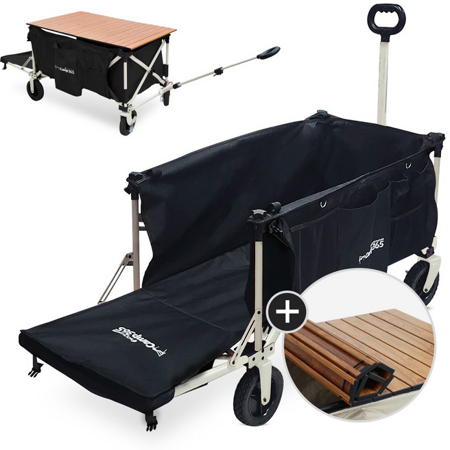 캠프365 파파웨건 스포츠 더뉴 챔프 오프로드 웨건 고무 바퀴 러버 휠 내하중 최대160KG / 상판 롤 테이블 우드 감성 접이식 캠핑 웨건, 챔프 블랙+우드롤테이블, 1개