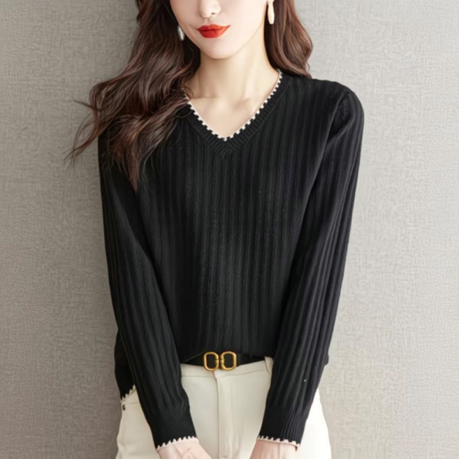 Makone 여성 브이넥 자카르 패션 긴소매 니트 티셔츠 심플