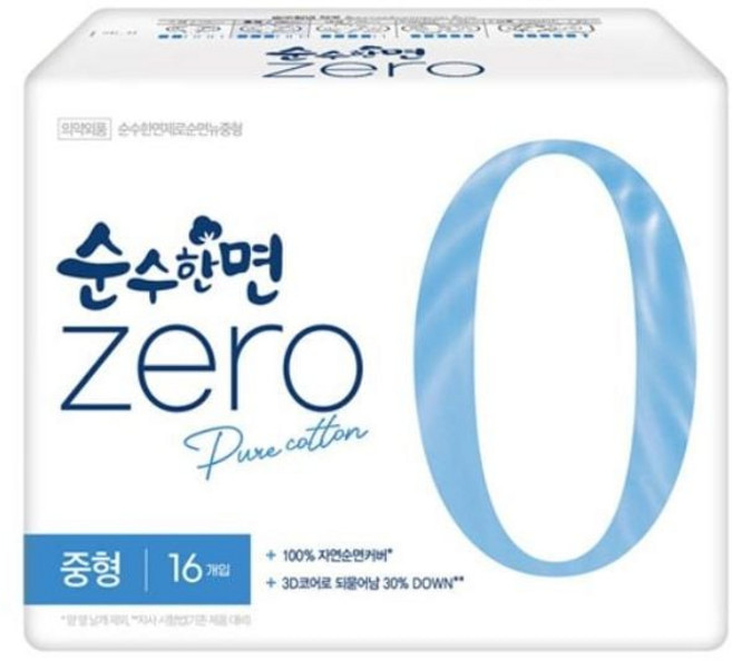 깨끗한나라 순수한면ZERO 중형/16P 순수한면 여성위생용품 생리대 dew+52662Jp, 1개, 1개입
