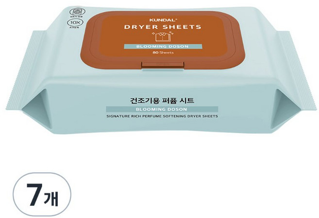쿤달 시그니처 10배 초고농축 리치 퍼퓸 드라이시트 섬유유연제 블루밍 도손 본품, 80매, 7개