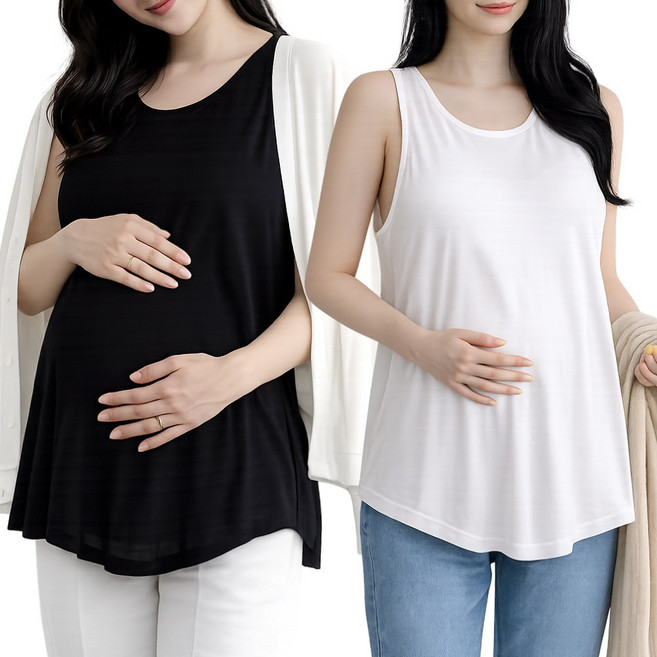(1+1) 임산부 빅사이즈 나시 A라인 민소매 신축성 좋은 스판 임부복 민소매 사계절 이너 부드러운 플레어 군살커버 2장세트
