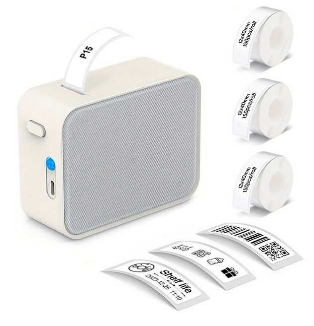 Allilio 무선 휴대용 라벨프린터 블루투스 네임스티커 감열식 라벨기 + 라벨지 3롤, 1세트, 베이지