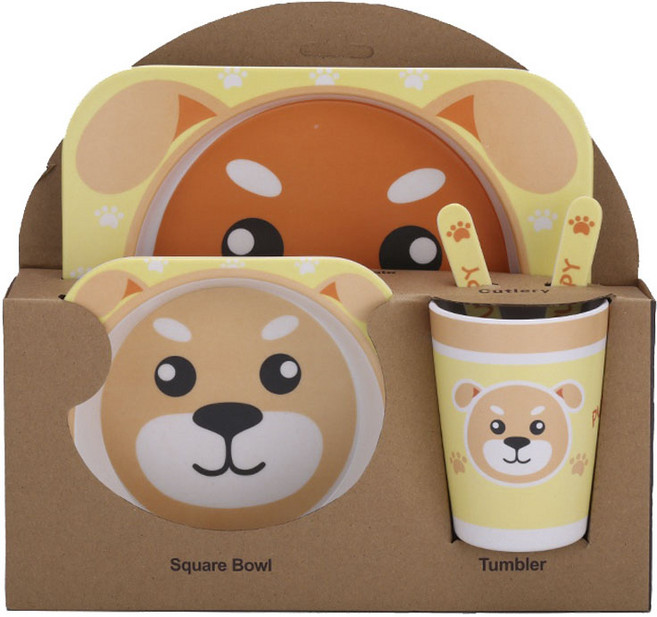 Mengmengdashi 밤부 캐릭터 식판 5종 세트, 식판 + 보울 + 컵 + 숟가락 + 포크, 강아지, 1개