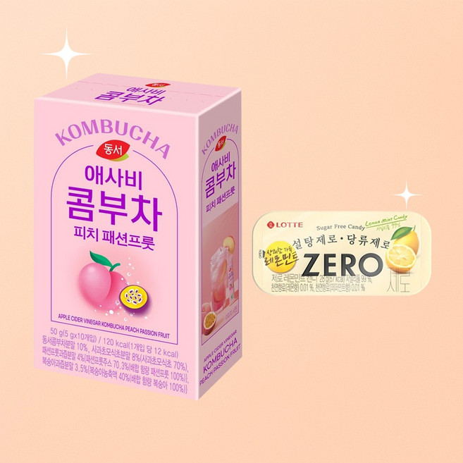 콤부 제로 프로젝트 선물세트 (동서 애사비 콤부차 피치 패션프룻 50g + 롯데 제로 자일리톨 캔디 레몬민트맛 28g), 1개