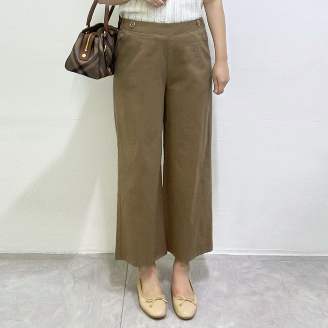 [브라운 린넨 팬츠 9부] 브라운 린넨 블렌드 세미와이드 9부 밴딩 팬츠 44 55 66 77 브라운 여름 바지