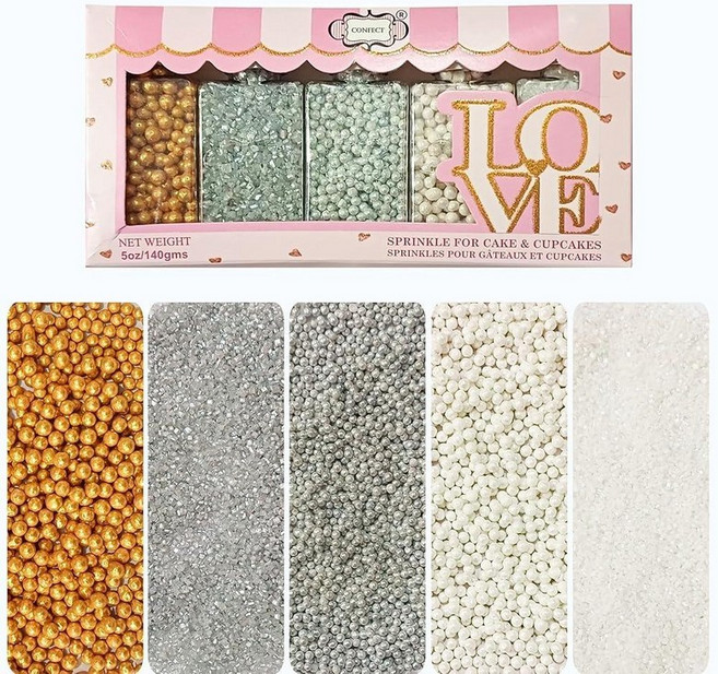 Confect Sprinkles - Metal Mania 디스코 볼 스프링클 믹스 - 브론즈 화이트 및 건메탈 + 스파클링 화이트 & 실버 슈가 포함 5팩 다양한 식용 스프링, 메탈 매니아