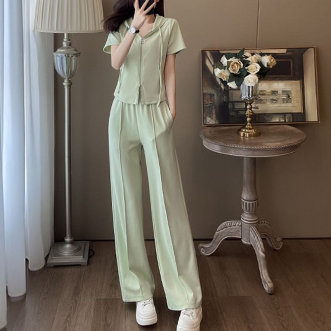 쁘띠꼬모 여성 반팔 후드 집업 상의 와이드 팬츠 세트 루즈핏 운동복 편안한 캐주얼 팬츠 세트 GX3030819