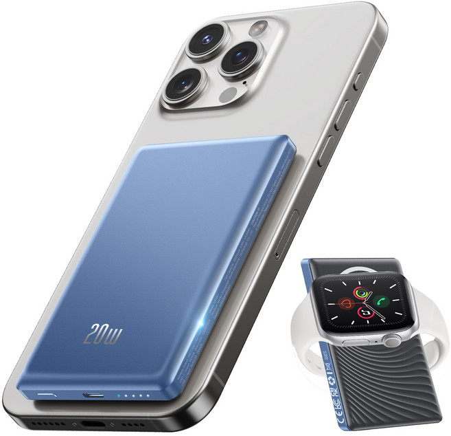 Donerton 마그네틱 무선 충전 일체형 맥동 안전 보조 배터리 PD+QC 20W 급속 충전, 푸른 색