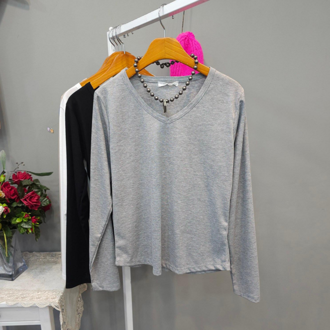 아티 골지 브이넥 홈웨어 긴팔티셔츠