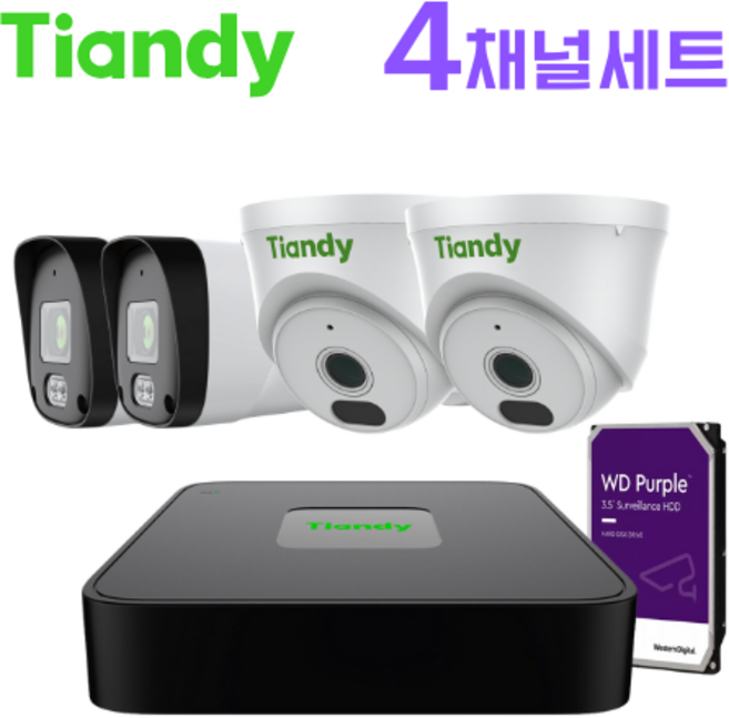 [Tiandy] 티앤디 CCTV 4채널 자가설치 세트 PoE IP카메라 4대 실내 실외 야외 외부 감시카메라 가정용 사무실 매장 가게 건물 주차장 보안카메라, 4채널녹화기+실내2+실외2+1TB HDD+케이블4, 1개