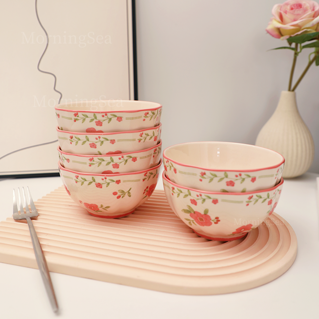 MorningSea 가정용 전원풍 복사꽃밥그릇 신혼 식기세트 351ml 예쁜 도자기그릇, 분홍색, 6개