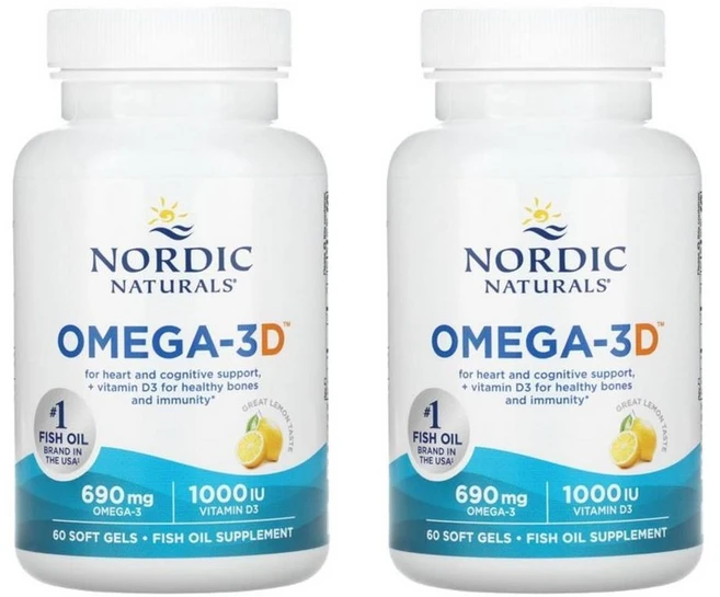 노르딕 내추럴스 오메가-3D 레몬, 2개, 60정 - 쿠팡