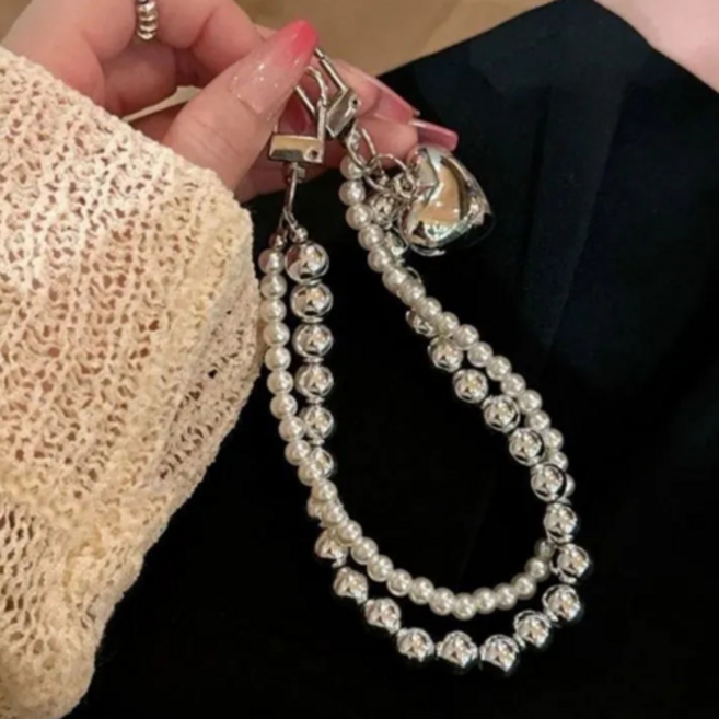 실버구슬핸드폰스트랩키링/휴대폰키링악세사리폰줄/진주키링/비쥬스트랩, 1개, 하트