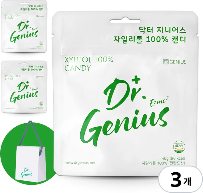 [양심치과입점] 닥터 지니어스 무설탕 자일리톨 100% 캔디 핀란드산, 40g, 3개 - 쿠팡
