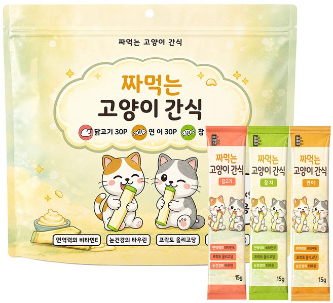 마마쇼 짜먹는 고양이간식 대용량, 15g, 90개, 치킨30p,연어30p,참치30p