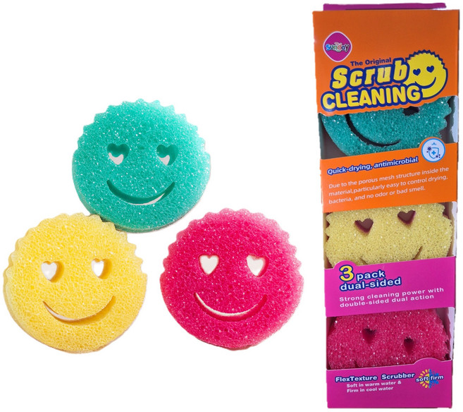 스크럽 클리닝 스마일 수세미 손쉬운 거품 세척 위생적 교체, 1개, 3개입