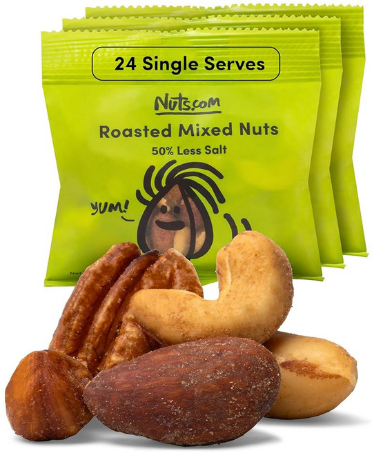 Nuts.com 구운 혼합 견과류(소금 50% 절감) 24개의 싱글 서비스 스낵 팩 아몬드 캐슈 피칸 브라질 견과류 헤이즐넛 글루텐 프리 코셔 땅콩 없음 한 저나트륨, 28g