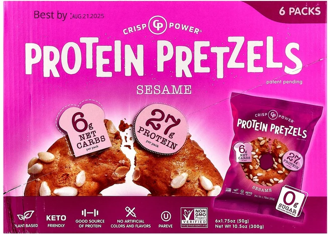Crisp Power 단백질 프레즐 참깨 백 6개 개당 50g(1.75온스) - 쿠팡