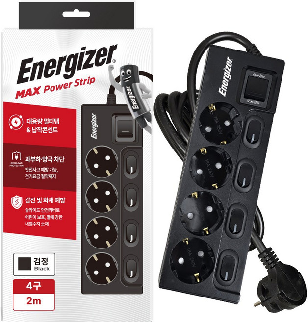 에너자이저 개별스위치 납작플러그 과부하차단 고용량 16A 멀티탭 4구, 블랙, 1개, 2m
