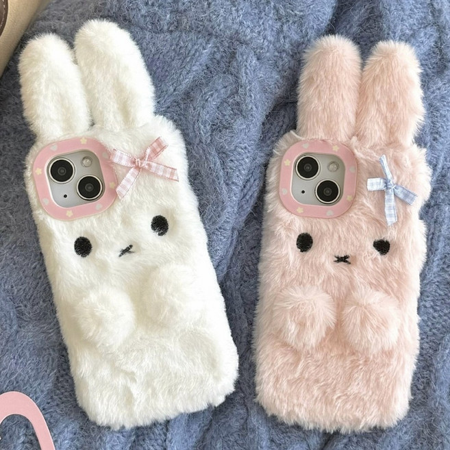 화이트 핑크 따뜻한 토끼 캐릭터 뽀글이 털 폰케이스/갤럭시 S25 S24 S23 아이폰 17 16 15 14 13 12 11 A17 A16 A15 와이드 퀀텀 버디 점프 케이스