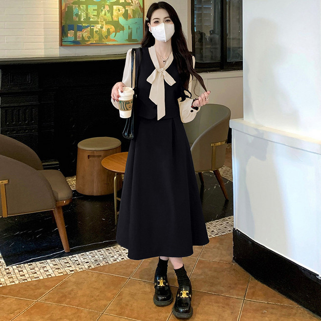 【顯瘦遮肚】大碼連衣裙 胖mm連衣裙 韓版連衣裙 拼接連衣裙 假兩件連衣裙 洋氣時尚 秋季新款 胖妹妹遮肉神器, DMJ1264黑色