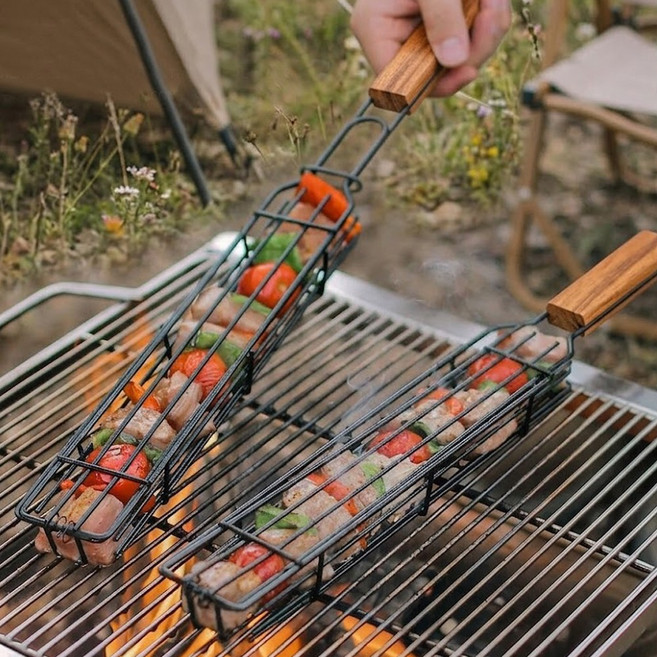 캠핑 꼬치용 그릴 바베큐 바스켓 BBQ, 1개, 우드손잡이