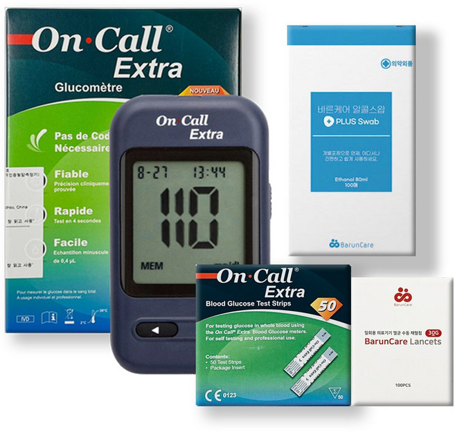 미국 FDA 승인 온콜 풀세트 혈당 측정기+검사지50+채혈침100+알콜솜100, 1개