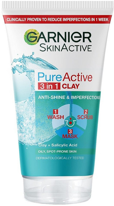Garnier 퓨어 엑티브 3 in 1 클레이 150ml 워시 스크럽 마스크, 1개