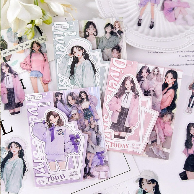 올리브파티 걸스모멘트 시리즈 소녀 인물 빈티지 다꾸 감성 스티커 20매 세트, 2개, 블루+퍼플