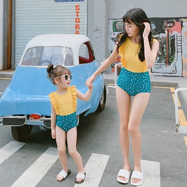 愛北鼻 母女泳衣 親子連體泳衣, 黃綠愛心,兒童M