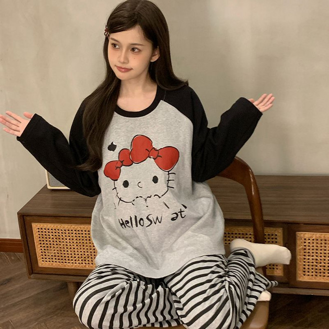 LOVEND 봄가을 잠옷 긴팔 긴바지 실내복 세트 키티 가을 겨울 잠옷