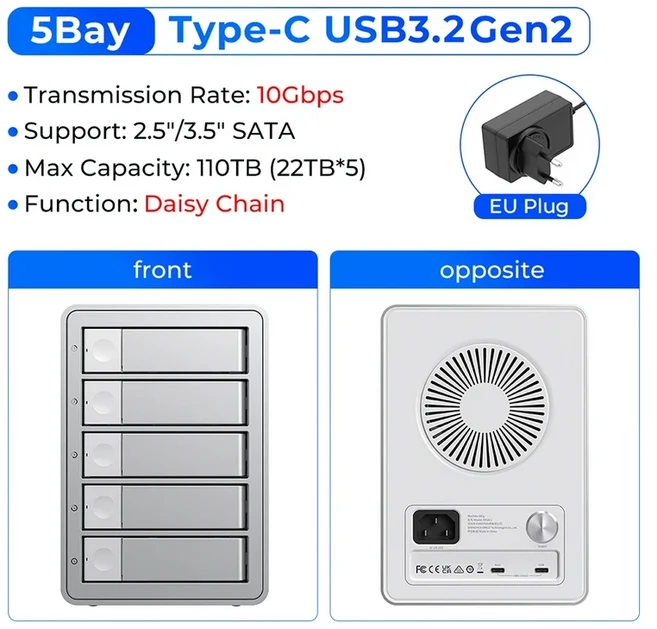 ORICO 5/4베이 DAS 10Gbps 2.5/3.5 SATA HDD 도킹 스테이션 SSD 외장 케이스 하드 드라이브 C 150W 전원 데, 01 CHINA, 08 5Bay EU Plug(9958C3)