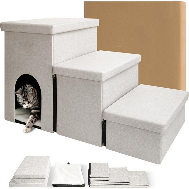 寵物爬梯可摺疊收納臺階狗樓梯爬高防滑貓狗沙發梯子, 1個, 80*43*42CM三層米色現貨