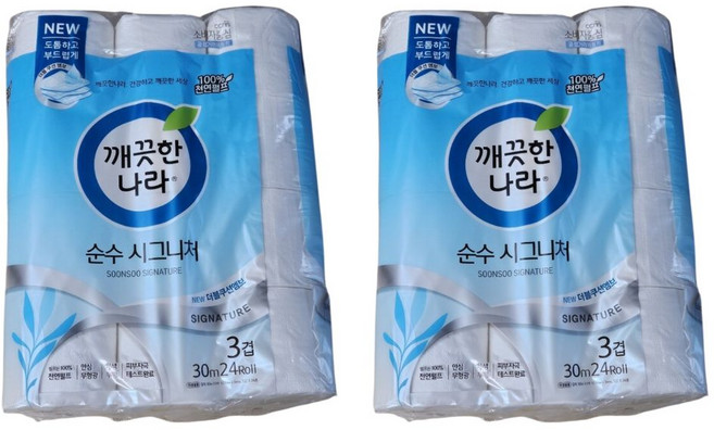 깨끗한나라 순수 시그니처 천연펄프 3겹 고급롤화장지, 30m, 24롤, 2개