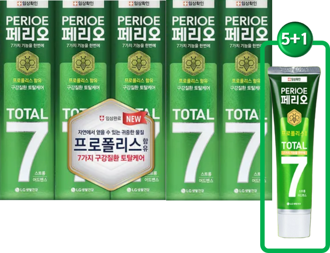 [치과전문의 프로폴리스치약 추천1위]5+1사은품 입냄새 미백 잇몸 시린이 충치 풀케어 "페리오토탈7스토롱"[총120G x 6EA 무료배송], 120g, 6개